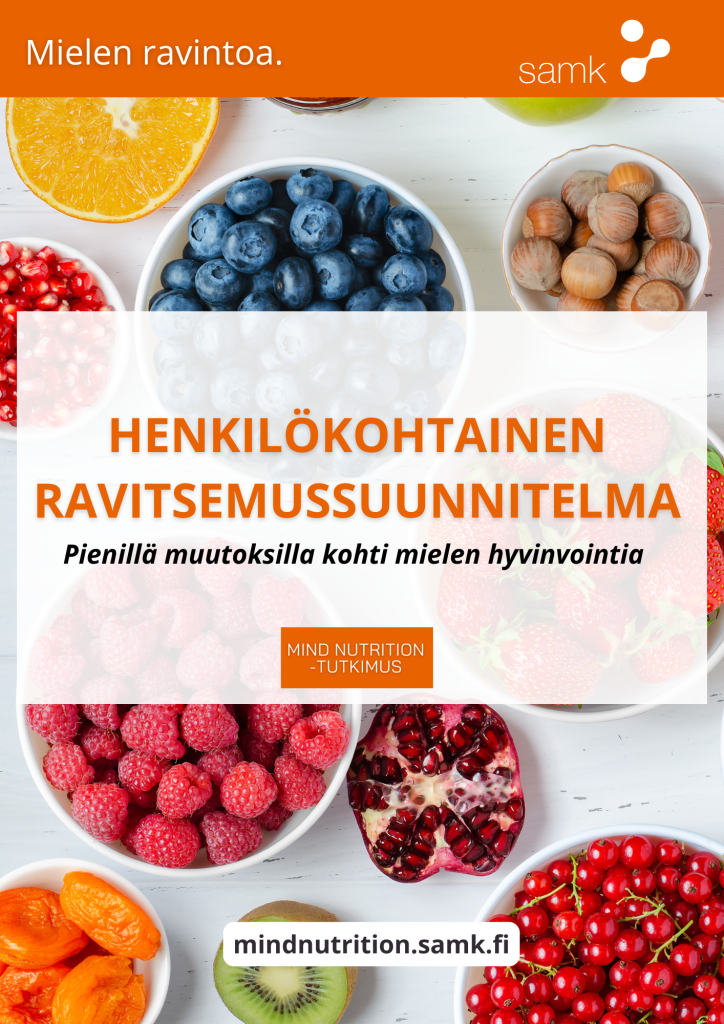 A4 kokoinen kansikuva henkilökohtaiseen ravitsemussuunnitelmaan, taustalla raikkaita hedelmiä ja oranssia väriä. 